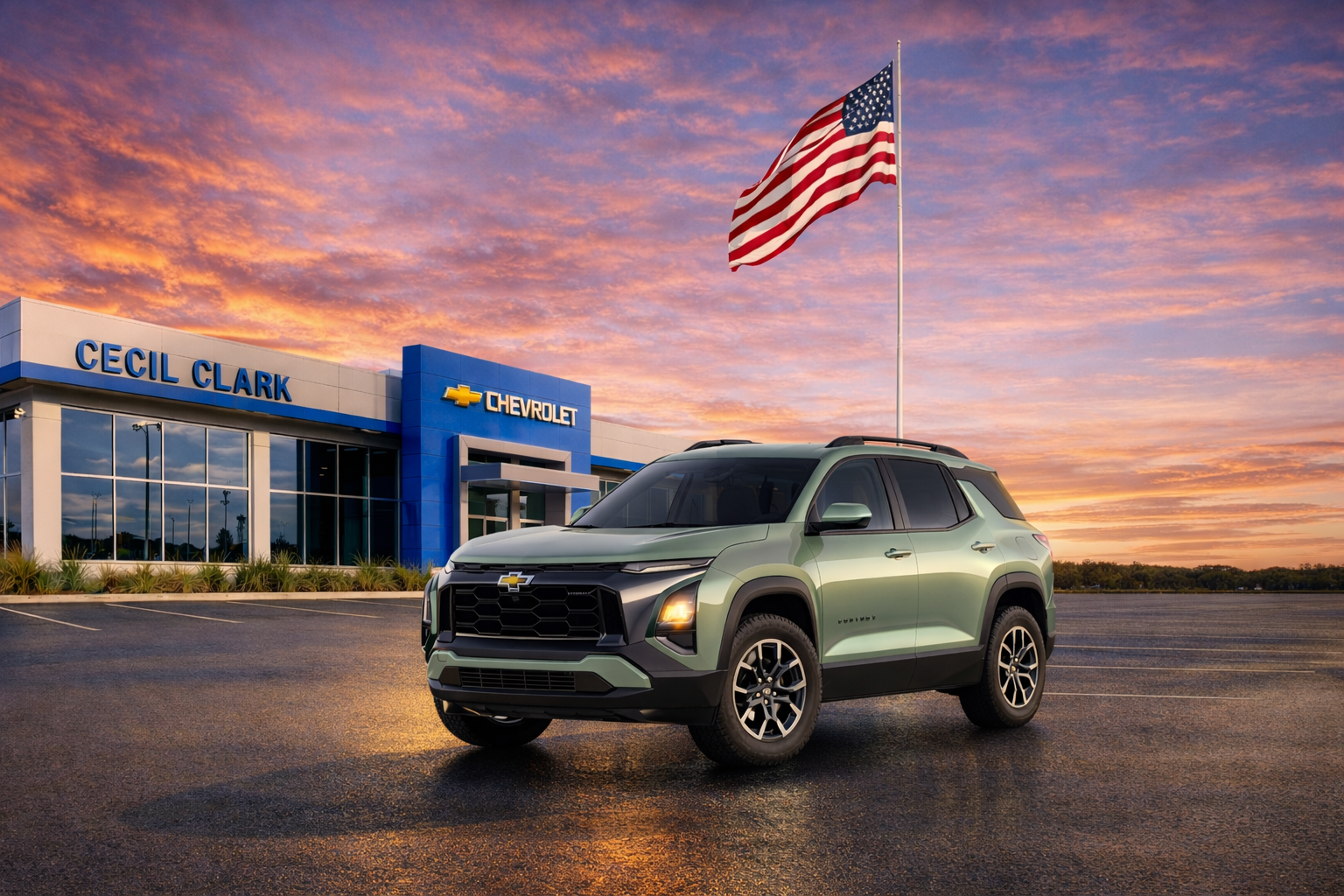 Green Chevrolet Equinox at sunset outside Cecil Clark Chevrolet in Leesburg, FL, near Mount Dora and Eustis