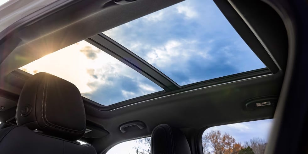 Panoramic sunroof inside a 2026 Chevrolet Trailblazer, showing the cabin space a family of five rides in
